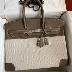 Hermes Birkin 35 Handmade Bag In Toile & Taupe Clemence Leather 