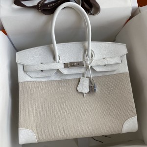 Hermes Birkin 35 Handmade Bag In Toile & White Clemence Leather 