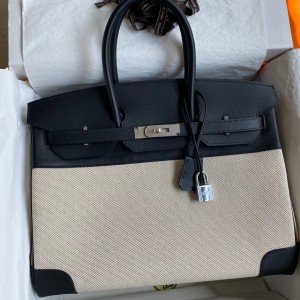 Hermes Birkin 35 Handmade Bag In Toile & Black Swift Leather 