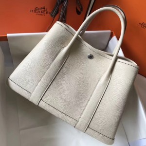 Hermes White Clemence Garden Party 30cm Handmade Bag