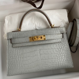 Hermes Kelly Mini II Sellier Handmade Bag In Pearl Grey Matte Alligator Leather