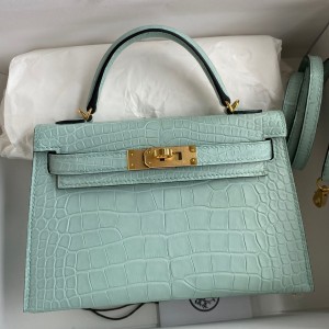 Hermes Kelly Mini II Sellier Handmade Bag In Vert D'eau Matte Alligator Leather