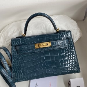 Hermes Kelly Mini II Sellier Handmade Bag In Blue Jean Shiny Alligator Leather