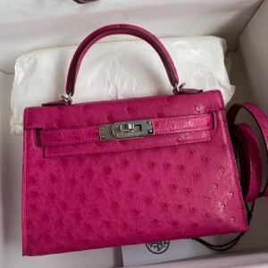 Hermes Kelly Mini II Sellier Handmade Bag In Rose Red Ostrich Leather