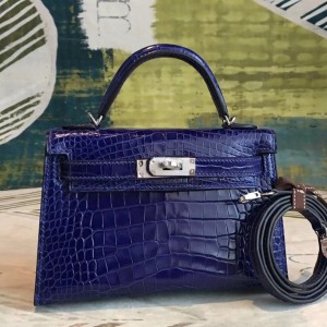 Hermes Blue Alligator Kelly Mini II Handmade Bag