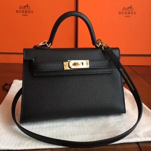 Hermes Black Epsom Kelly Mini II Handmade Bag