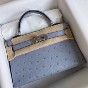 Hermes Blue Lin Ostrich Kelly Mini II Handmade Bag