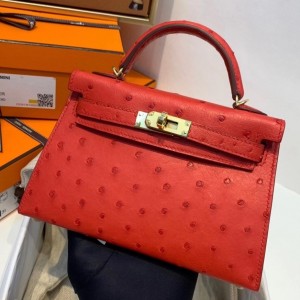 Hermes Red Ostrich Kelly Mini II Handmade Bag