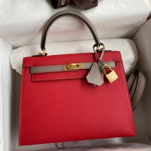 Hermes Kelly Sellier 25 Bicolor Bag in Red and Etain Epsom Calfskin