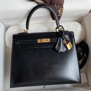 Hermes Kelly Sellier 25 Handmade Bag In Black Box Calfskin