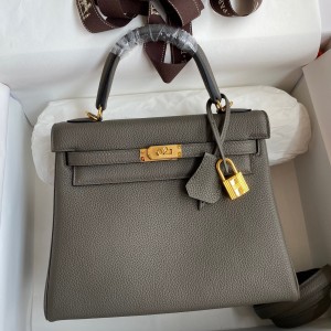 Hermes Kelly Retourne 25 Handmade Bag In Etain Clemence Leather