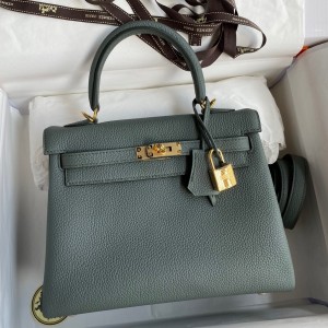 Hermes Kelly Retourne 25 Handmade Bag In Vert Amande Clemence Leather 