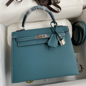 Hermes Epsom Kelly 25cm Sellier Handmade Blue Jean Bag