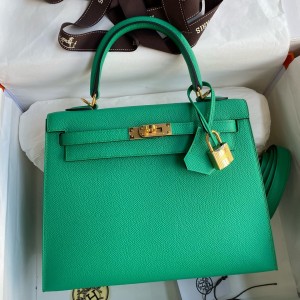 Hermes Kelly Sellier 25 Handmade Bag In Vert Jade Epsom Calfskin 