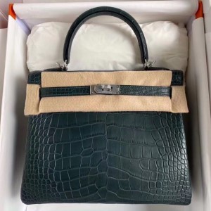 Hermes Vert Cypres Kelly 28cm Matte Alligator Crocodile Skin Bag