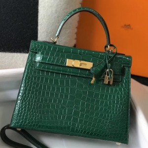 Hermes Kelly 28cm Bag In Green Embossed Crocodile GHW