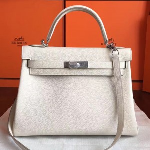 Hermes White Clemence Kelly Retourne 32cm Handmade Bag