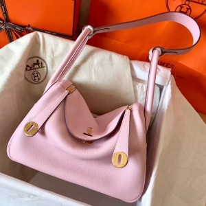 Hermes Rose Dragee Lindy 26cm Clemence Handmade Bag