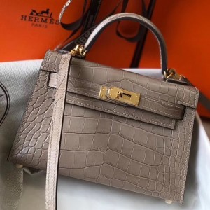 Hermes Kelly Mini II Bag In Grey Crocodile Embossed Leather