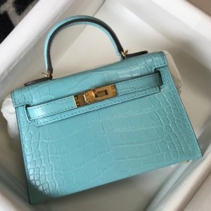 Hermes Kelly Mini II Bag In Blue Atoll Embossed Crocodile Calfskin