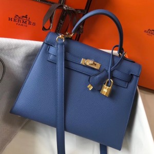 Hermes Kelly 25cm Sellier Bag In Agate Blue Epsom Leather
