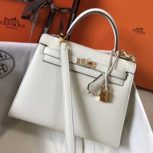  Hermes Kelly 25cm Sellier Bag In White Epsom Leather