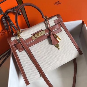 Hermes Kelly 28cm Sellier Bag In Canvas With Barenia Leather
