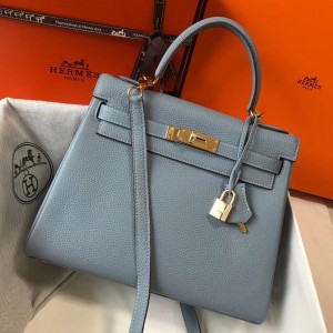 Hermes Blue Lin Clemence Kelly 28cm Bag