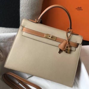 Hermes Bi-color Kelly 32cm Epsom Bag Tourterelle/Gold GHW