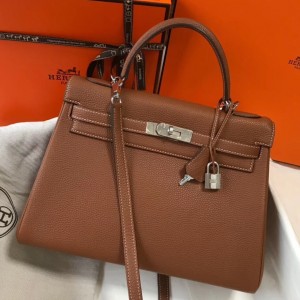 Hermes Brown Clemence Kelly 32cm Retourne Bag