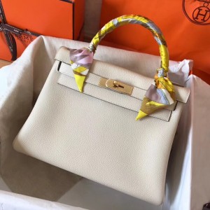 Hermes White Clemence Kelly 28cm Handmade Bag