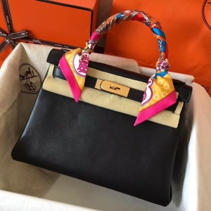 Hermes Black Swift Kelly 28cm Handmade Bag