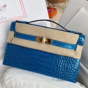 Hermes Crocodile Kelly Cut Bag in Blue Izmir Shiny Niloticus