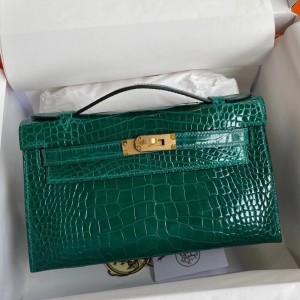 Hermes Green Shiny Alligator Crocodile Kelly Pochette Bag