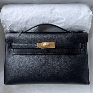 Hermes Kelly Pochette Handmade Bag In Black Chevre Mysore Leather 