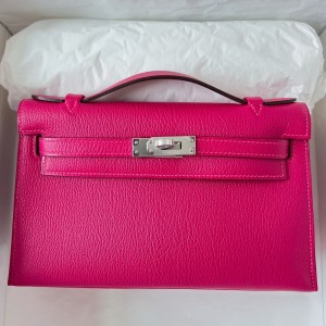 Hermes Kelly Pochette Handmade Bag In Rose Mexico Chevre Mysore Leather 