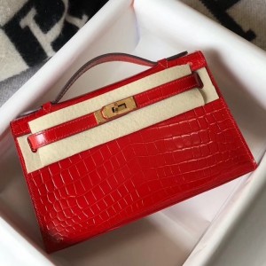Hermes Kelly Pochette Bag In Red Embossed Crocodile Leather