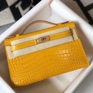 Hermes Kelly Pochette Bag In Yellow Embossed Crocodile Leather