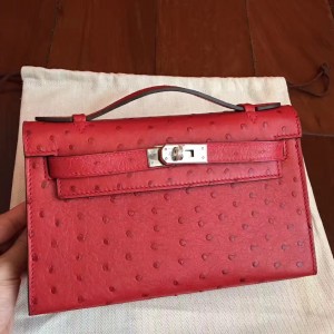 Hermes Red Kelly Pochette Ostrich Handmade Bag
