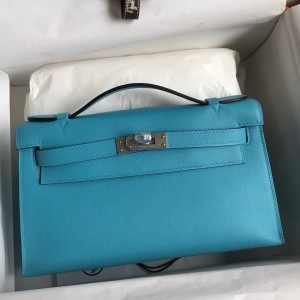 Hermes Kelly Pochette Handmade Bag In Blue du Nord Swift Calfskin 