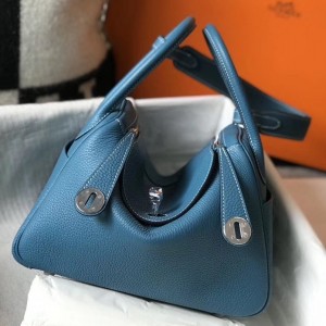 Hermes Lindy 26cm Bag In Blue Jean Clemence With PHW