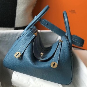 Hermes Lindy 30cm Bag In Blue Jean Clemence Leather 