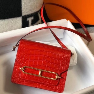 Hermes Roulis Mini Bag In Red Embossed Crocodile Calfskin