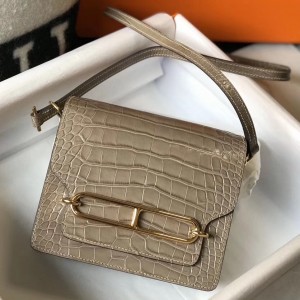 Hermes Roulis Mini Bag In Taupe Embossed Crocodile Calfskin