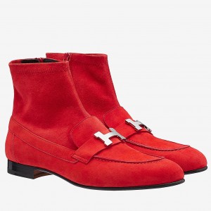 Hermes Red Suede Saint Honore Ankle Boots