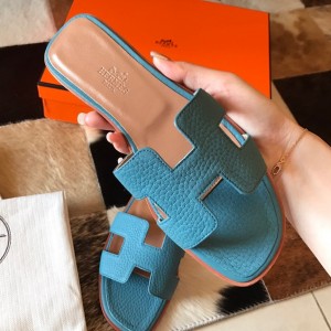 Hermes Oran Slide Sandals In Blue Jean Clemence Leather