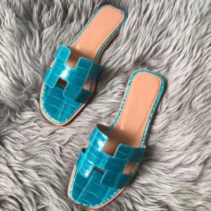 Hermes Oran Sandals In Blue Paon Shiny Niloticus Crocodile
