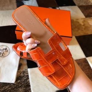 Hermes Oran Slide Sandals In Orange Shiny Niloticus Crocodile Skin