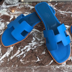 Hermes Oran Slide Sandals In Blue Hydra Epsom Calfskin