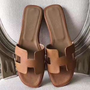 Hermes Oran Sandals In Brown Epsom Leather